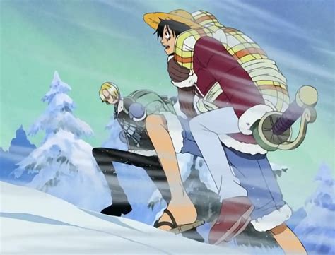 Sanji y Chopper escalando la montaña en Drum Island