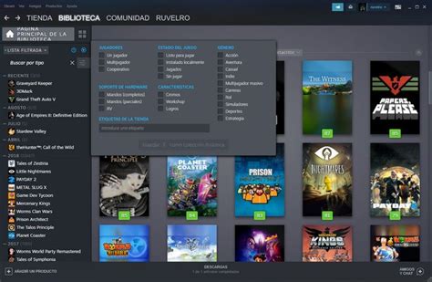 Interfaz de Steam con opciones de idioma