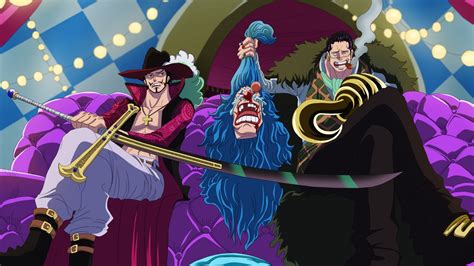 Ilustración de Buggy, Crocodile y Mihawk formando la alianza Cross Guild