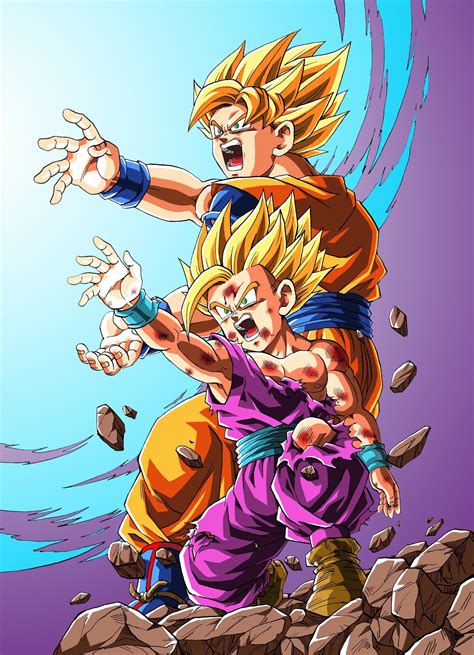 Ilustración de Gohan y Goku lanzando el Kamehameha Padre e Hijo contra Cell
