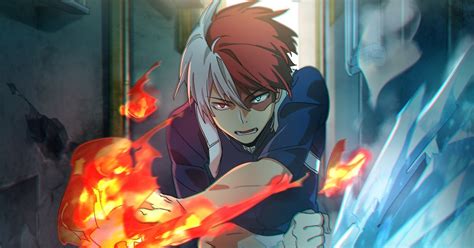 Shoto Todoroki en acción con sus poderes de hielo y fuego