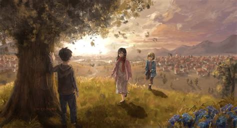 Ilustración de Armin, Eren y Mikasa corriendo en la colina