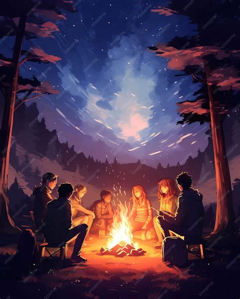 Personajes de Attack on Titan reunidos alrededor de una fogata