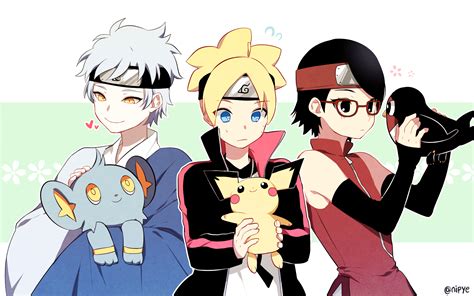 Ilustración de Boruto con Sarada y Mitsuki