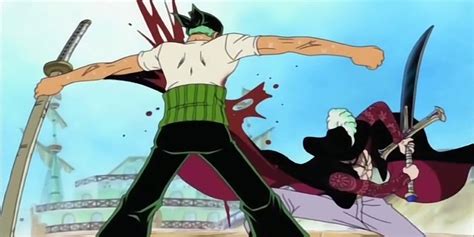 Roronoa Zoro frente a Dracule Mihawk en el Baratie