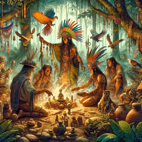 Ilustración de varios chamanes y sus espíritus en combate