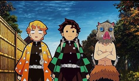 Ilustración de Tanjiro, Zenitsu e Inosuke frente a la Mansión de los Tambores