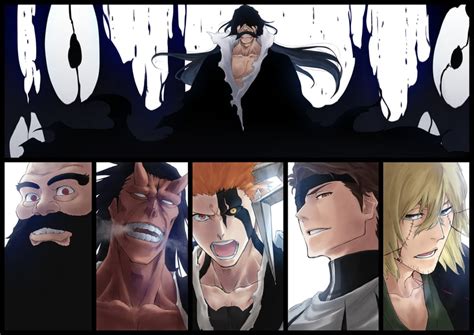 Ilustración de los personajes Ichigo, Aizen, Urahara, Kenpachi e Ichibee