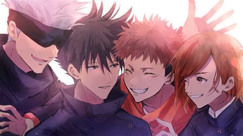 Ilustración de los personajes principales de Jujutsu Kaisen: Yuji, Megumi, Nobara y Gojo.