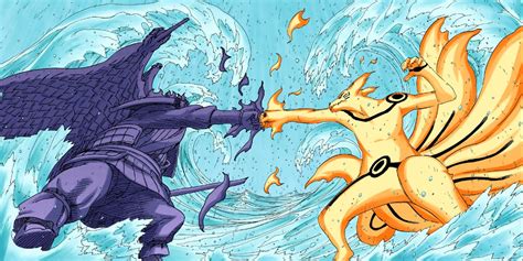 Kurama y Susanoo chocando puños en el Valle del Fin