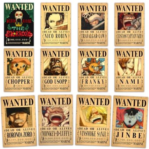 Ilustración de un cartel Wanted de One Piece con personajes.