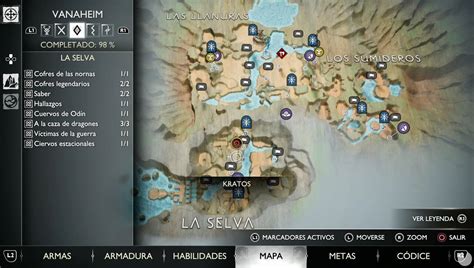 Mapa de El Cráter en God of War Ragnarok mostrando ubicaciones de materiales para armadura