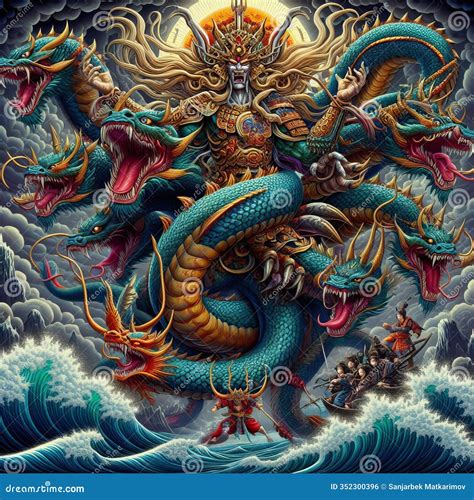 Ilustración de la serpiente Yamata-no-Orochi siendo derrotada por Susanoo