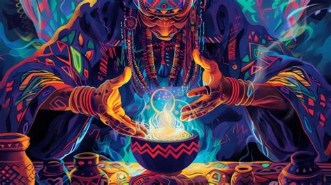 Ilustración de un chamán interactuando con espíritus