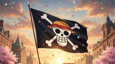 Primer plano del sombrero de paja en la bandera de One Piece
