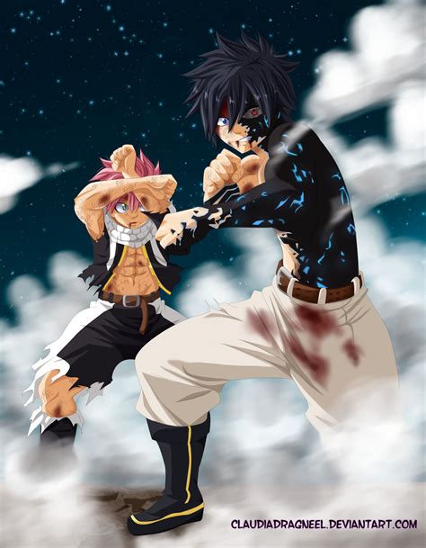 Gray y Natsu discutiendo frente a Lyon