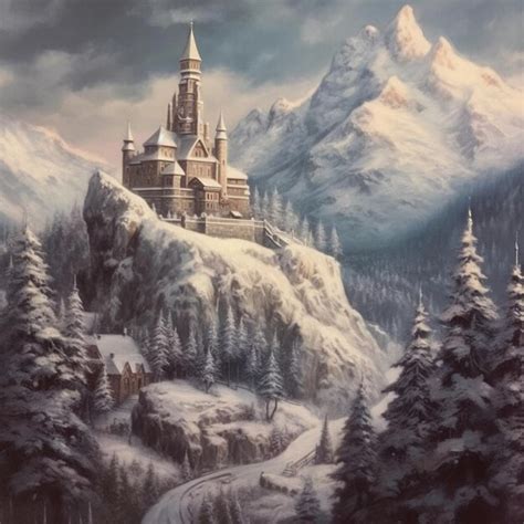 Imagen de un castillo en una montaña nevada