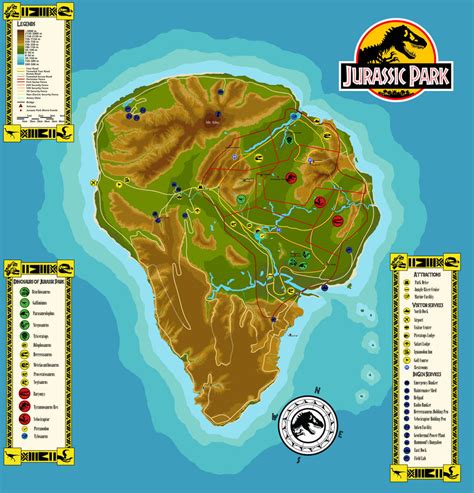 Mapa de la Isla Nublar con las ubicaciones clave del parque