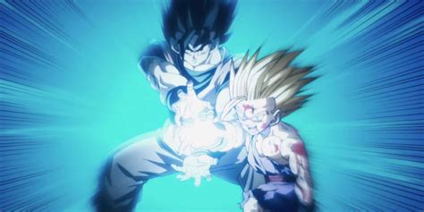 Goku animando a Gohan durante el Kamehameha Padre e Hijo contra Cell
