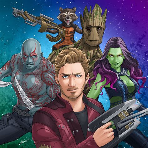 Ilustración de Star-Lord, Gamora, Drax, Rocket y Groot en los cómics