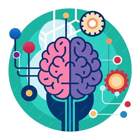 Ilustración de un cerebro con engranajes y burbujas de ideas