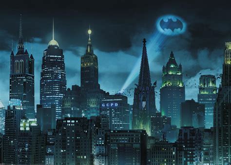 Vista nocturna de los tejados de Gotham City con silueta de Batman