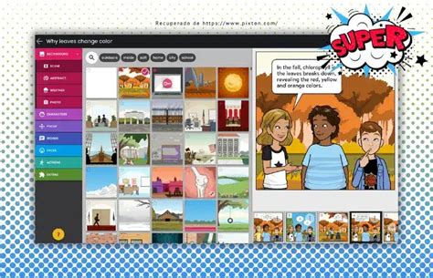 Interfaz de un creador de cómics online con opciones de diseño, personajes y diálogos.