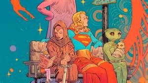 Viñeta de Supergirl interactuando con Ruthye en un entorno espacial.