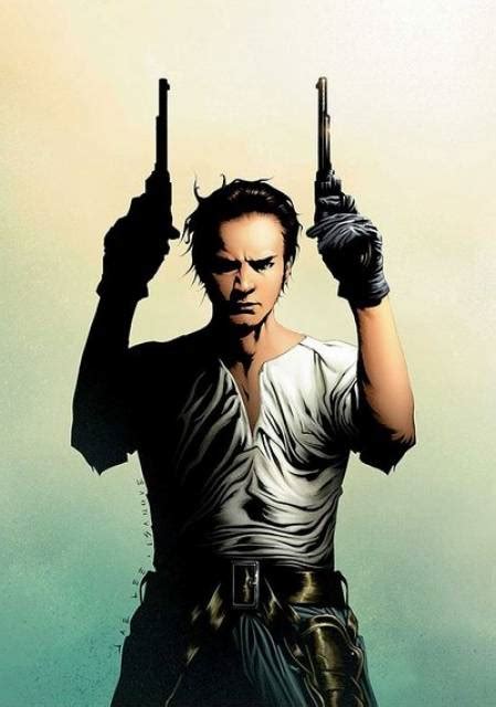 Ilustración de Roland Deschain joven con sus primeras pistolas.
