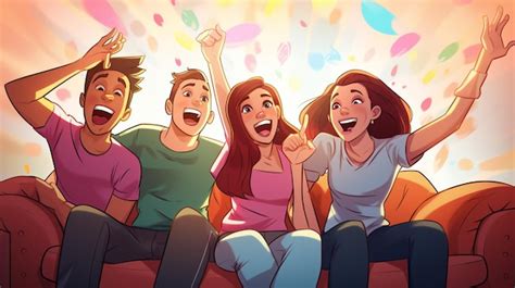 Ilustración de un grupo de adolescentes riendo mientras ven una obra de teatro.