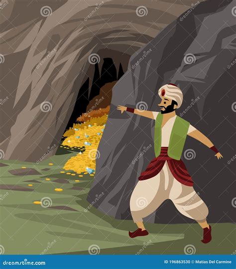 Ilustración de la cueva de Ali Baba llena de tesoros