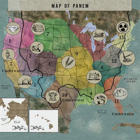 Mapa ficticio de Panem con los 12 distritos y el Capitolio.