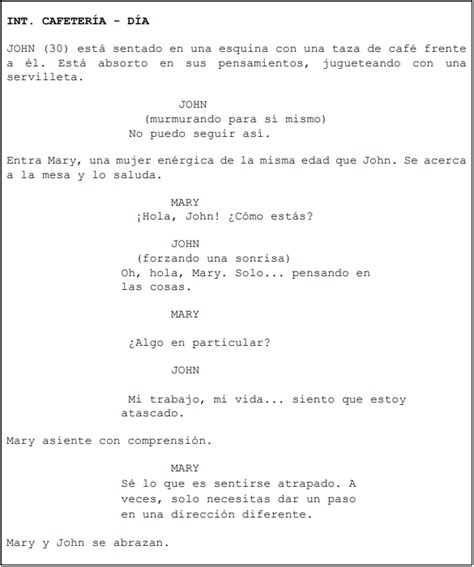 Ilustración de un guion literario con escenas, diálogos y acotaciones