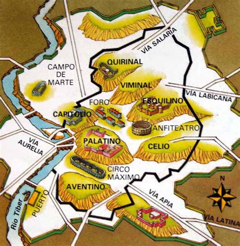 Mapa de las siete colinas de Roma