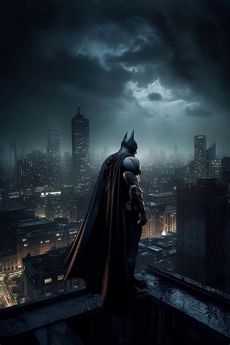 Batman observando Gotham desde un tejado