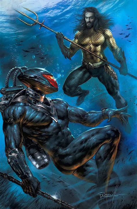 Ilustración clásica de Aquaman en acción, rodeado de vida marina.