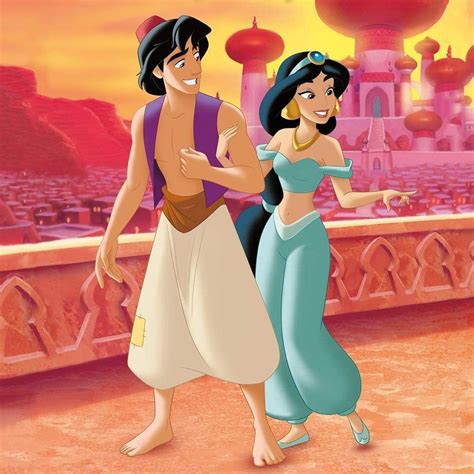 Ilustración de Aladdín y la Princesa Jasmine en el mercado de Agrabah