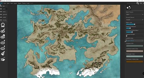 Detalle de un mapa de fantasía con tipografía y biomas
