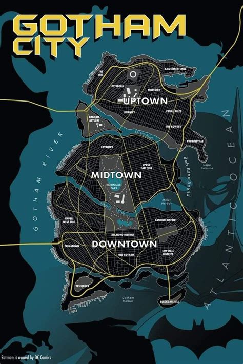 Mapa de Gotham City con símbolos de búhos