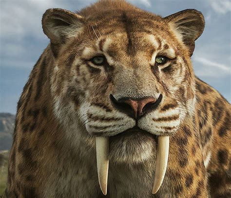 Ilustración de un tigre dientes de sable cazando mamuts