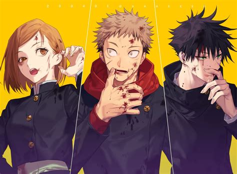 Ilustración de los estudiantes principales de Jujutsu Kaisen: Yuji Itadori, Megumi Fushiguro y Nobara Kugisaki