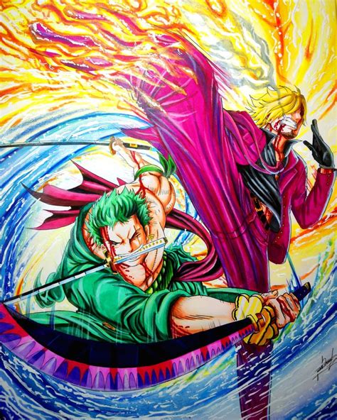 Ilustración de Zoro y Sanji enfrentados con un fondo de llamas y espadas.