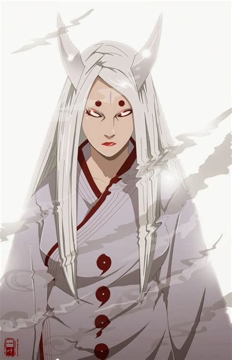 Kaguya Ōtsutsuki con su largo cabello blanco y cuernos