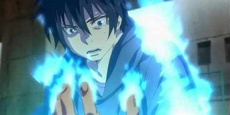 Rin Okumura usando sus poderes de fuego azul
