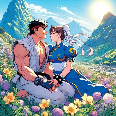 Chun-Li y Ryu caminando por un sendero montañoso al atardecer.