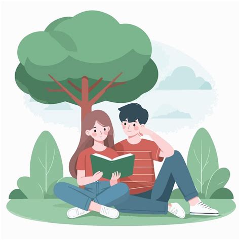 Pareja joven en un parque leyendo manga