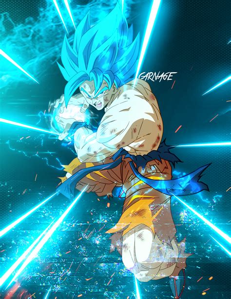 Ilustración de Goku en Super Saiyan Blue lanzando un Kamehameha
