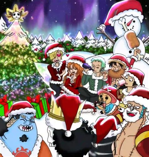 Ilustración de personajes de One Piece celebrando la Navidad
