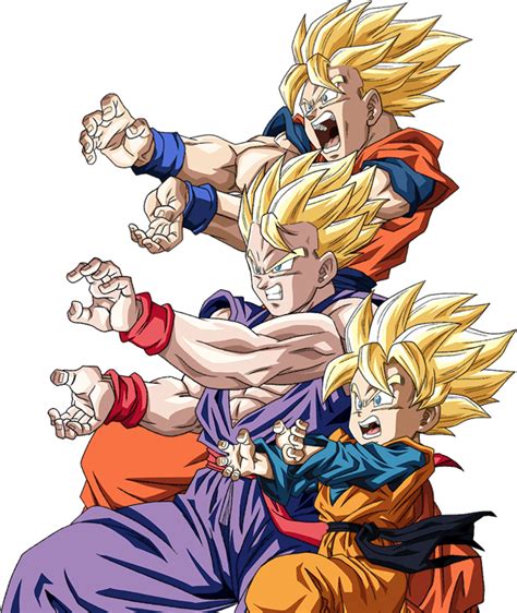 Gohan, Goten y Goku realizando un Kamehameha contra Broly