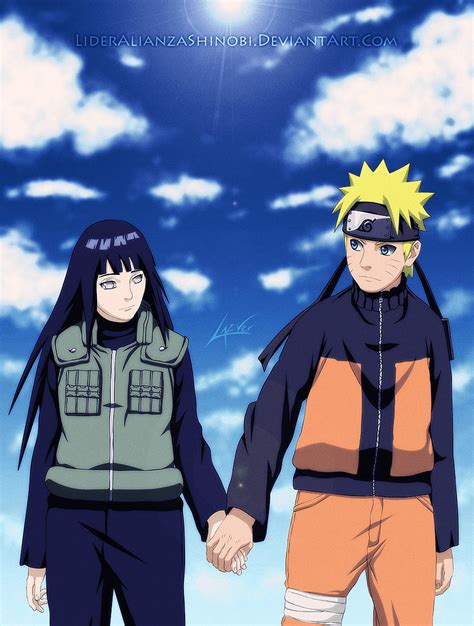 Representación artística de Naruto y Hinata tomados de la mano